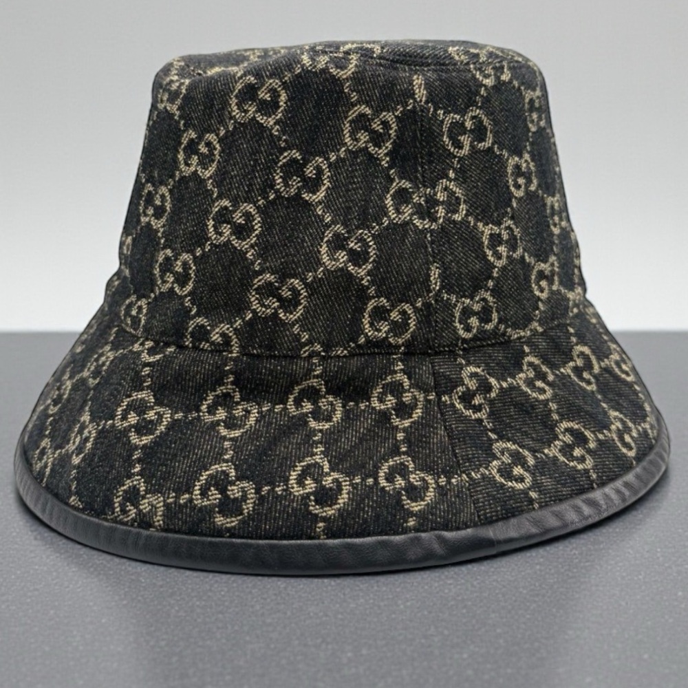 Gucci Monogram Denim Black Bucket Hat with Leather Trim